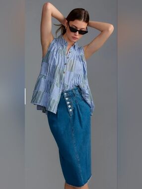 Pilcro by Anthropologie Tiered Sleeveless Blouse Size XS Blue Patchwork Striped